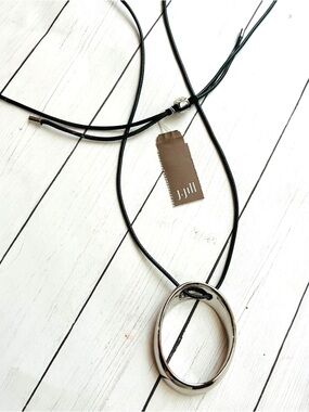 NEW NWT J. Jill Black Cord Adjustable Necklace Silver-Tone Oval Pendant $39 Tag